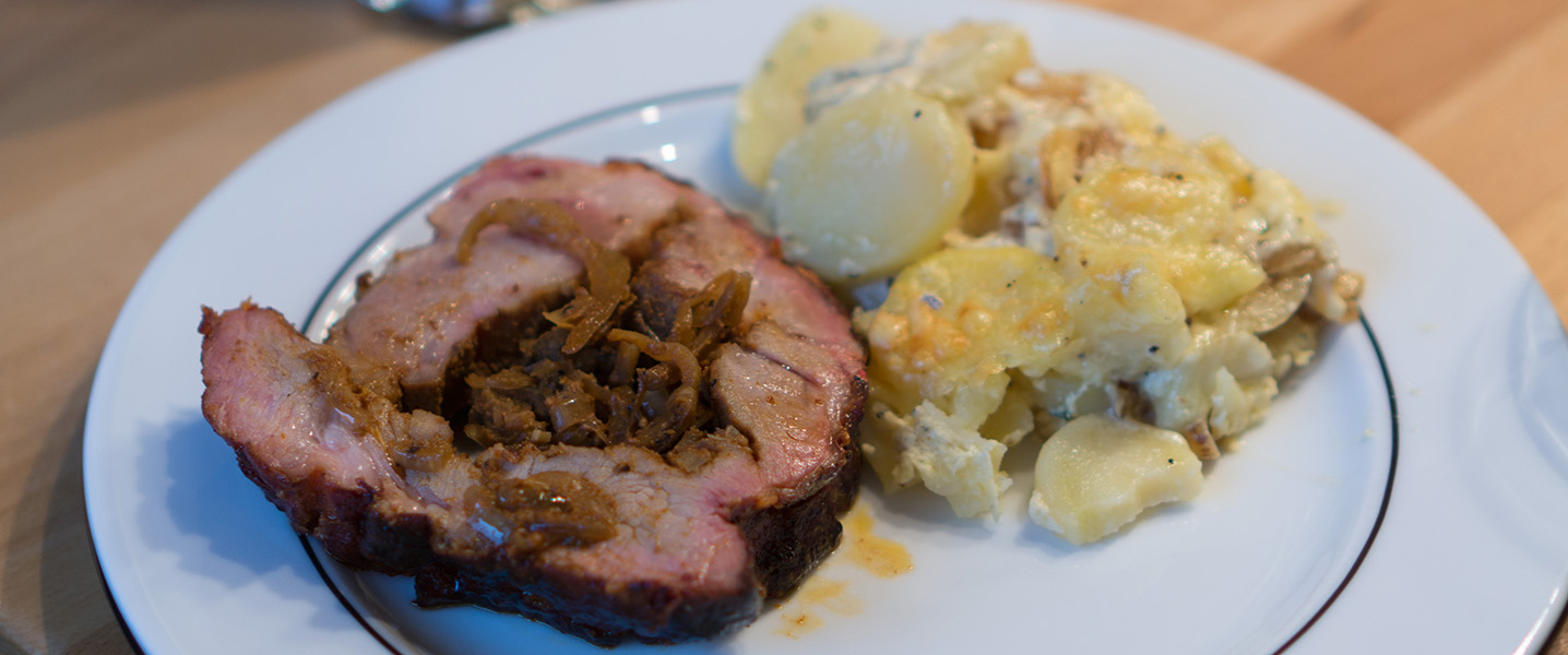 Spießbraten mit Kartoffelgratin